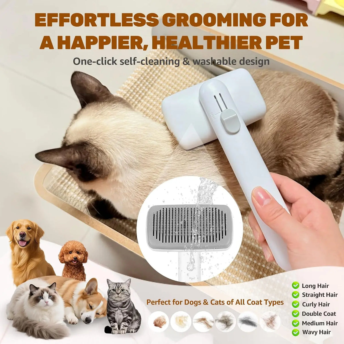 Self-Cleaning Deshedding Slicker Comb for Dogs and Cats - One-Click Release Brush for Effective Shed Control and Effortless Cleaning