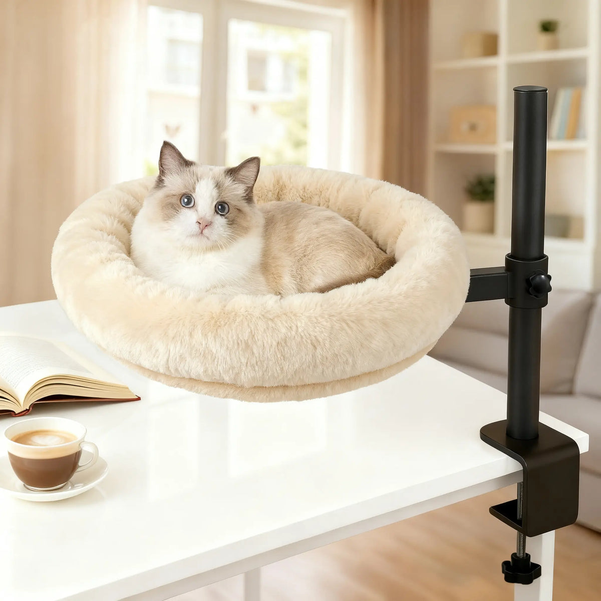 Heavy-Duty Desk Mounted Cat Bed with Adjustable Swivel Arm, Removable Machine Washable Plush Nest, No-Drill Clip-On Perch for Home Office and Gaming Desks