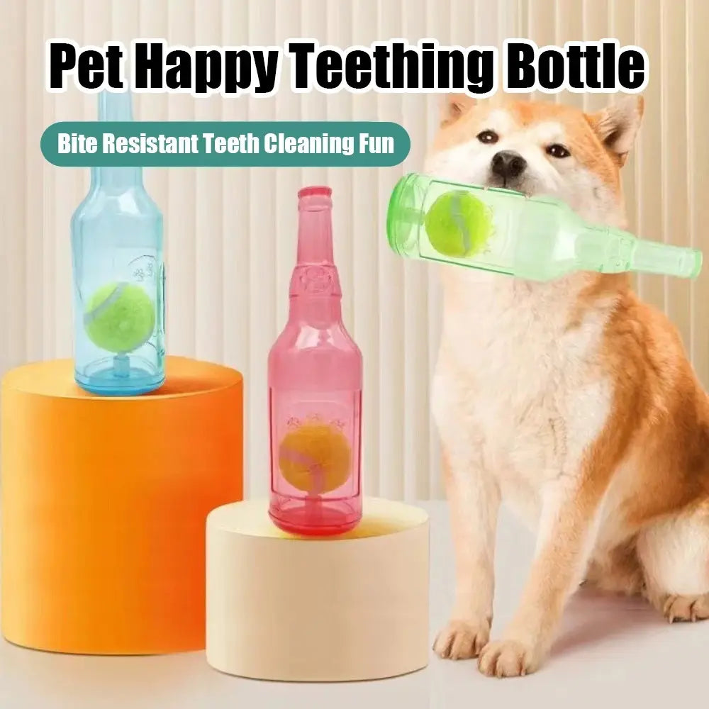 TPR Plastic Bottle-Shaped Dog Chew Toy with Tennis Ball - Interactive Fetch and Tug Toy for Small to Medium Dogs, Durable Design for Dental Relief and Indoor-Outdoor Play
