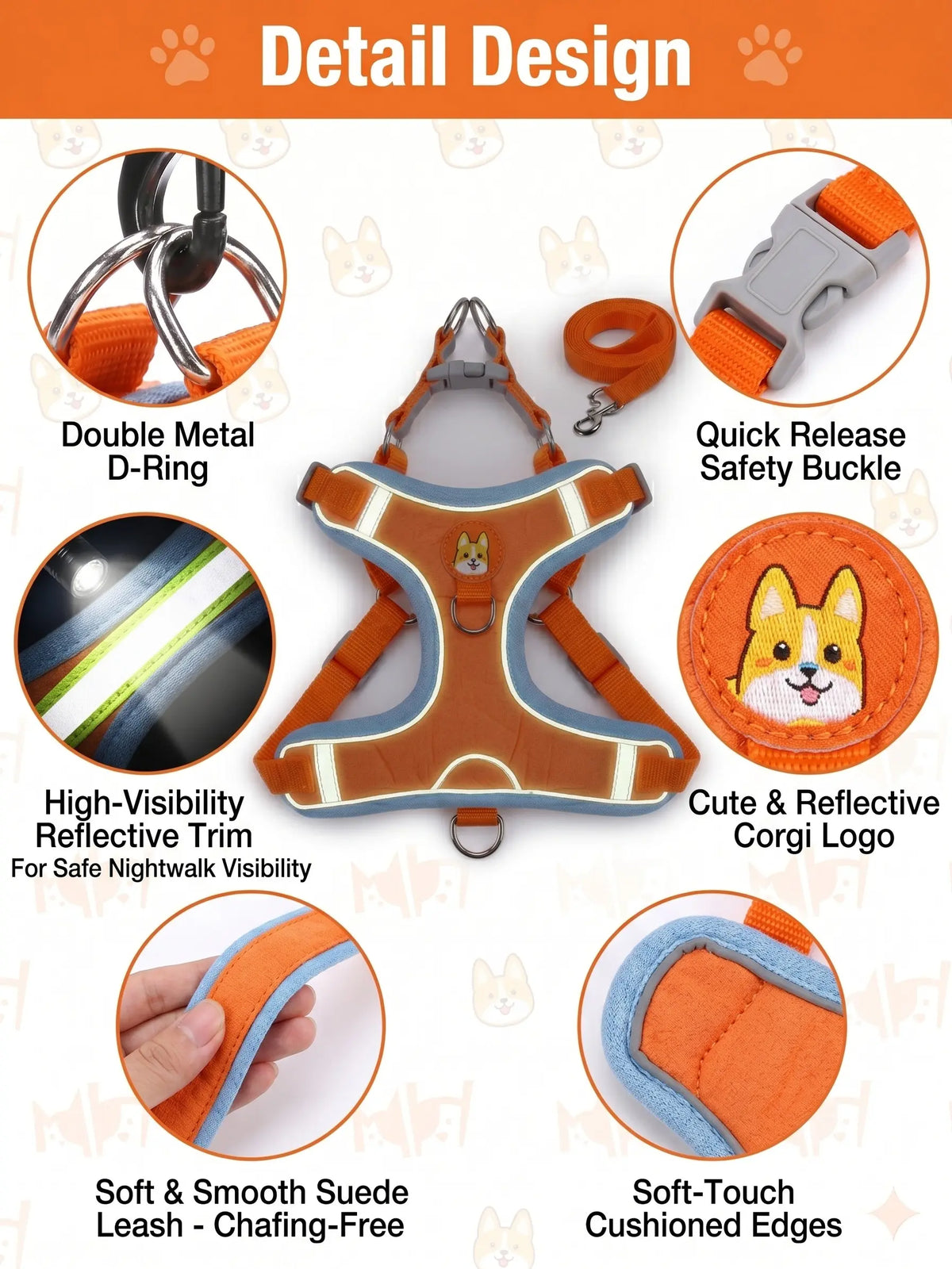 Adjustable 2-Pack Pet Harness and Leash Set, Soft Suede Vest, Durable Reflective Design, Tangle-Free Leash for Effortless Walking, Perfect for Daily and Nighttime Outdoor Activities