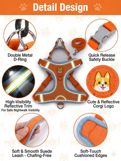 Adjustable 2-Pack Pet Harness and Leash Set, Soft Suede Vest, Durable Reflective Design, Tangle-Free Leash for Effortless Walking, Perfect for Daily and Nighttime Outdoor Activities