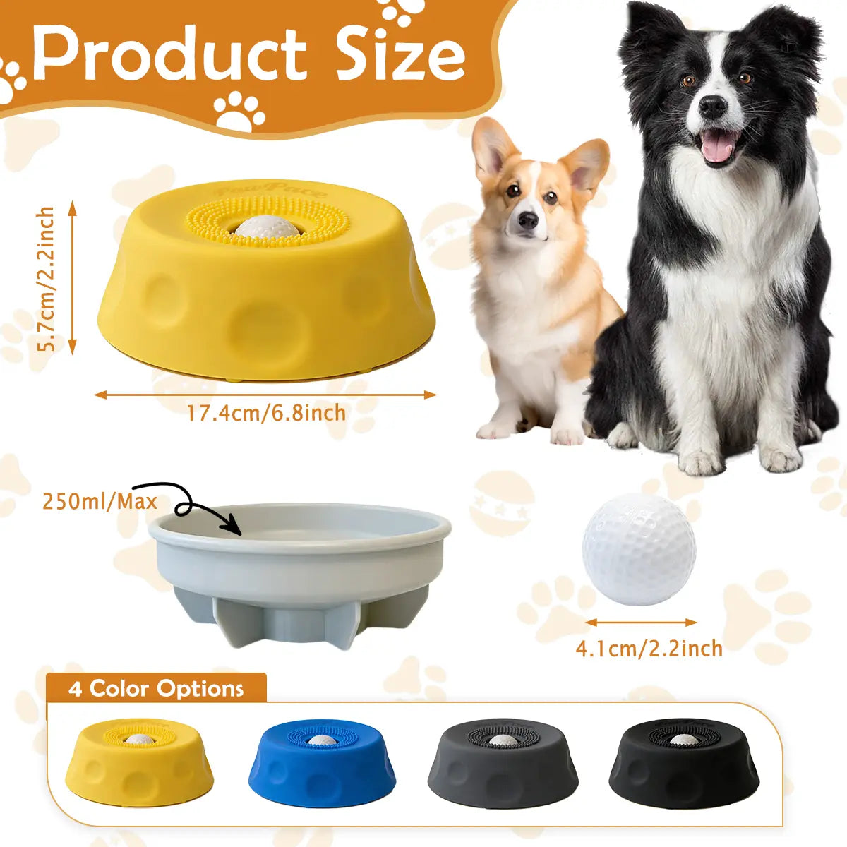 Pawpace Silicone Slow Feed Dog Bowl - 250ml Capacity, Innovative Mess-Free Design with Ball, Includes Spatula and 8 Suction Cups for Enhanced Mental Stimulation During Feeding