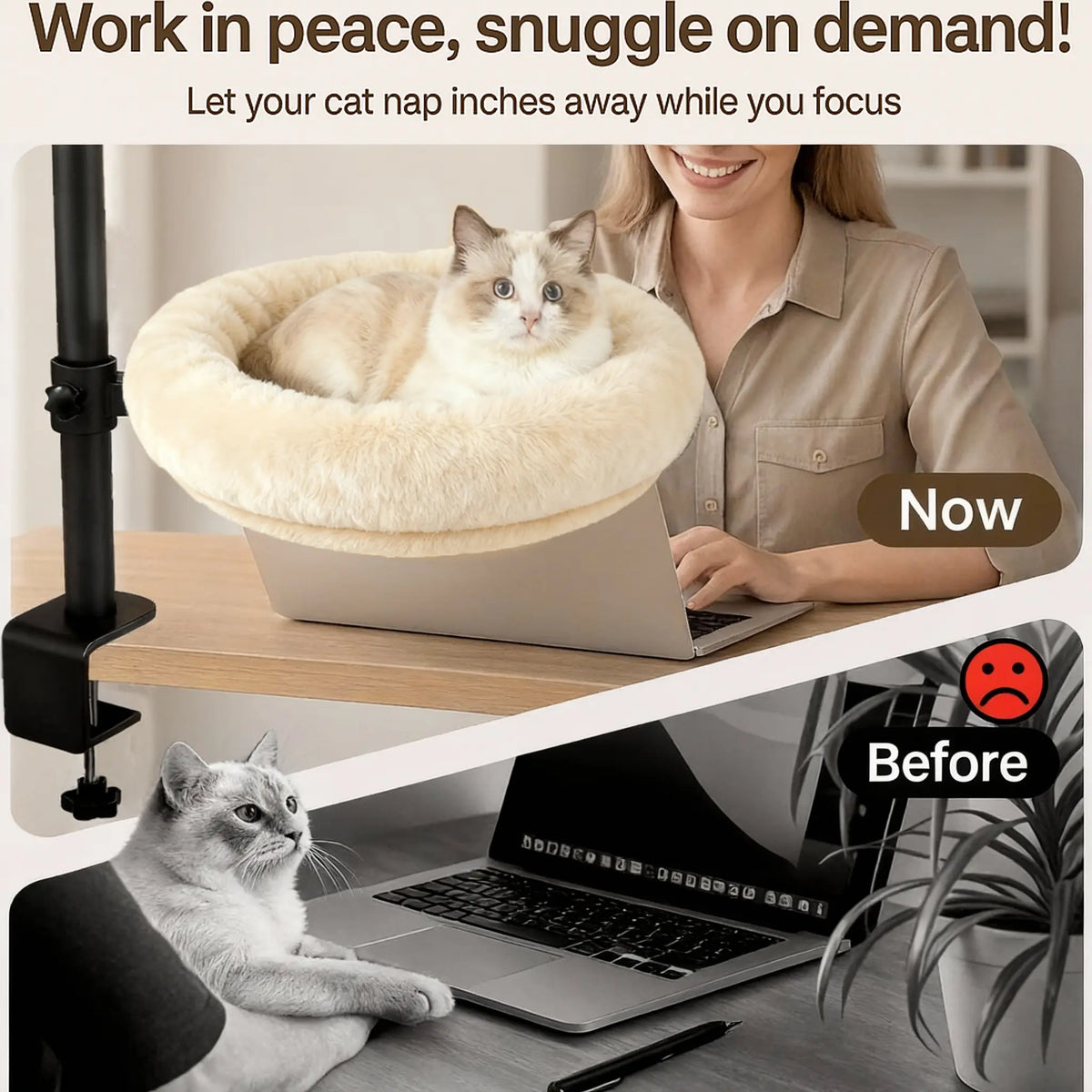 Heavy-Duty Desk Mounted Cat Bed with Adjustable Swivel Arm, Removable Machine Washable Plush Nest, No-Drill Clip-On Perch for Home Office and Gaming Desks