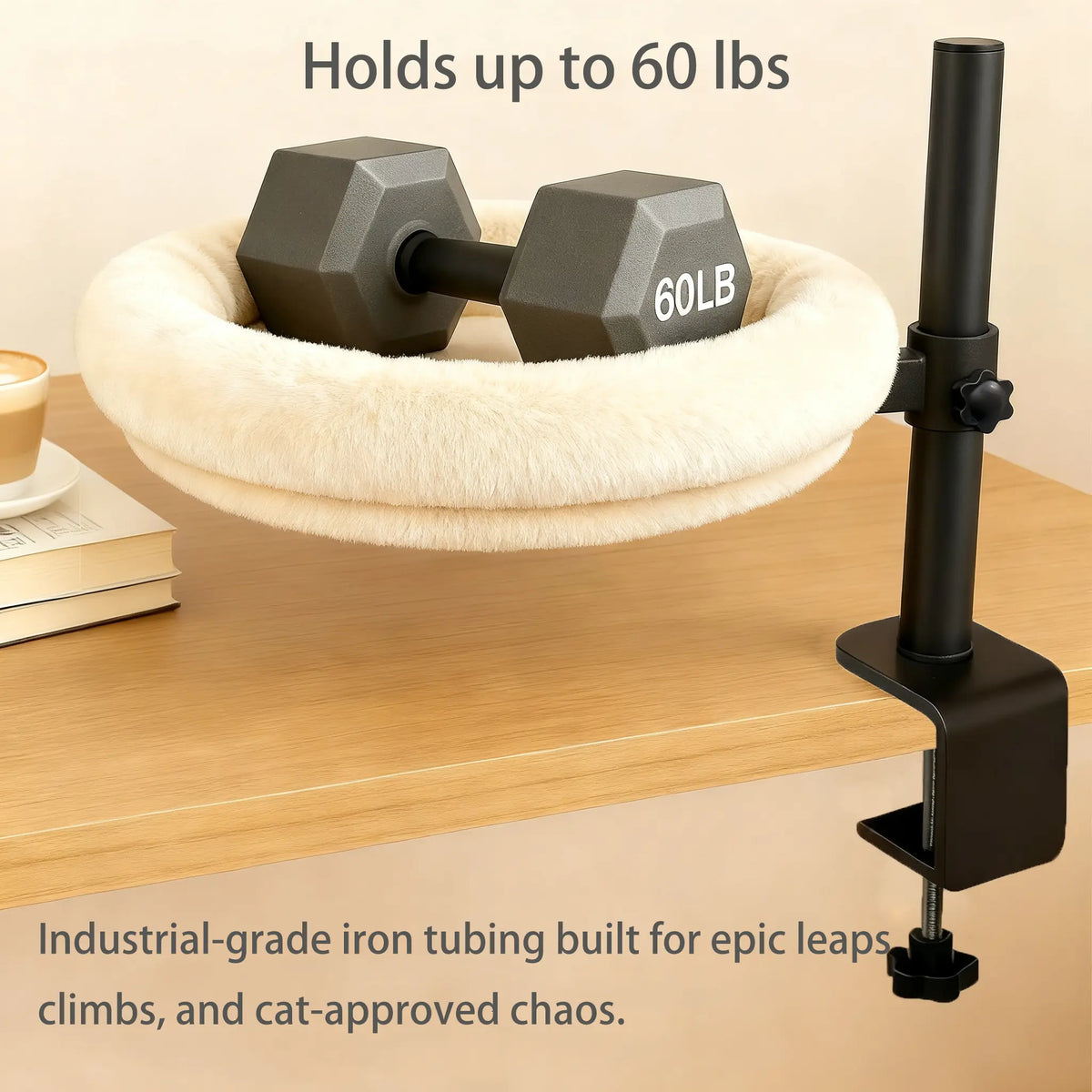 Heavy-Duty Desk Mounted Cat Bed with Adjustable Swivel Arm, Removable Machine Washable Plush Nest, No-Drill Clip-On Perch for Home Office and Gaming Desks