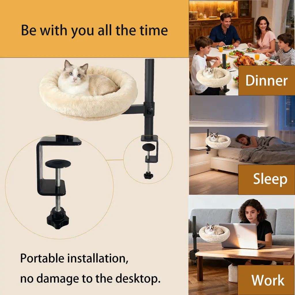 Heavy-Duty Desk Mounted Cat Bed with Adjustable Swivel Arm, Removable Machine Washable Plush Nest, No-Drill Clip-On Perch for Home Office and Gaming Desks