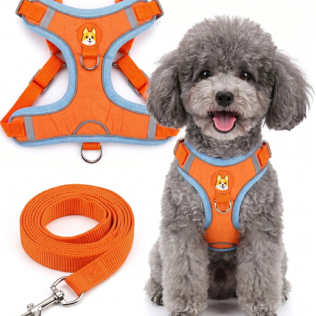 Adjustable 2-Pack Pet Harness and Leash Set, Soft Suede Vest, Durable Reflective Design, Tangle-Free Leash for Effortless Walking, Perfect for Daily and Nighttime Outdoor Activities