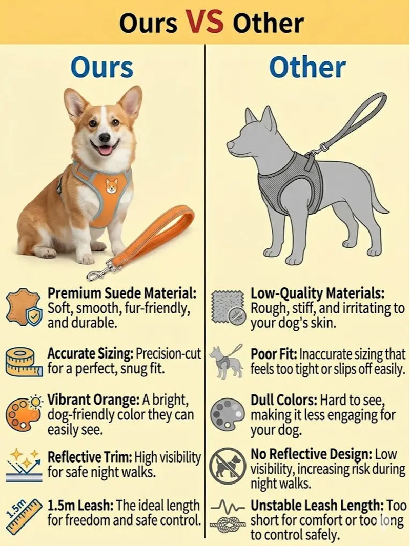 Adjustable 2-Pack Pet Harness and Leash Set, Soft Suede Vest, Durable Reflective Design, Tangle-Free Leash for Effortless Walking, Perfect for Daily and Nighttime Outdoor Activities