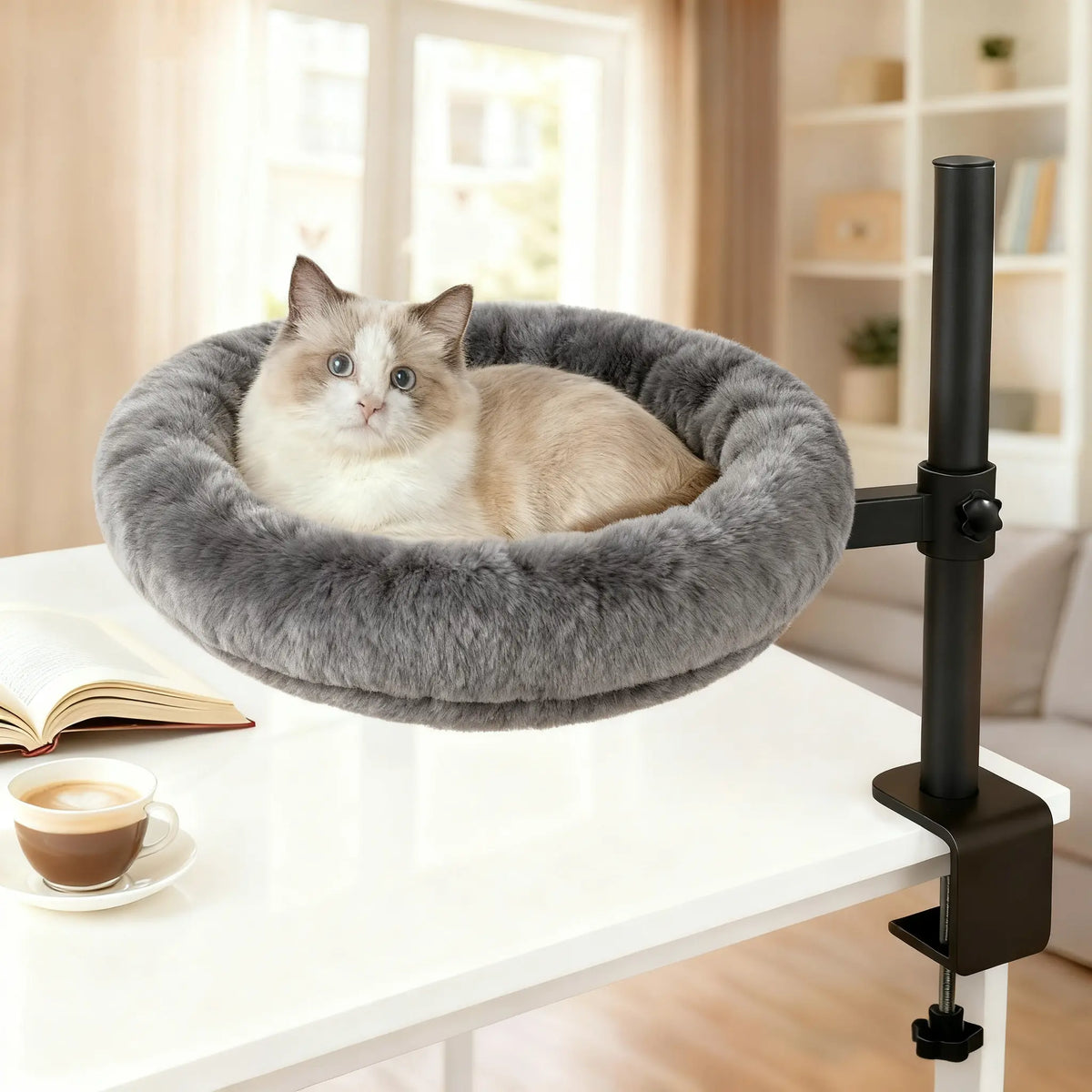 Heavy-Duty Desk Mounted Cat Bed with Adjustable Swivel Arm, Removable Machine Washable Plush Nest, No-Drill Clip-On Perch for Home Office and Gaming Desks