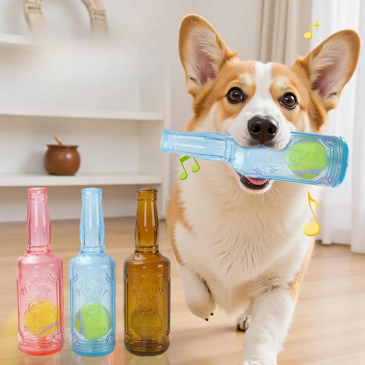 TPR Plastic Bottle-Shaped Dog Chew Toy with Tennis Ball - Interactive Fetch and Tug Toy for Small to Medium Dogs, Durable Design for Dental Relief and Indoor-Outdoor Play