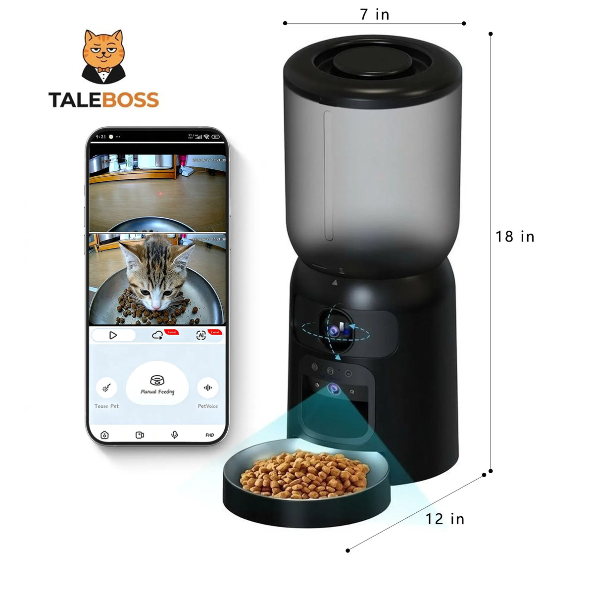 Taleboss Smart Automatic Cat Feeder with Integrated Camera, 5L Capacity, Laser Toy, 1080P HD Video, App Control, Night Vision, Dual Band WiFi, and Two-Way Audio